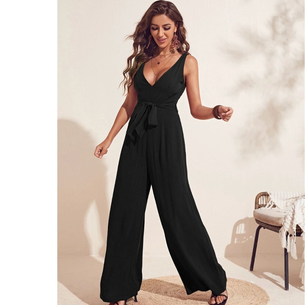SHEIN Privé Black Deep V Neck Backless Jumpsuit XL